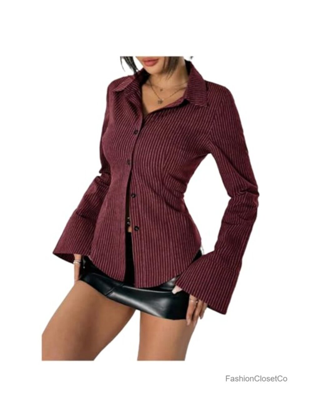 Slim Fit Long Sleeve Button Down Striped Blouse Collared Work Top